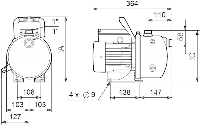 Схема габаритов насосной установки Grundfos JP5 Схема габаритов насосной установки Grundfos JP5
