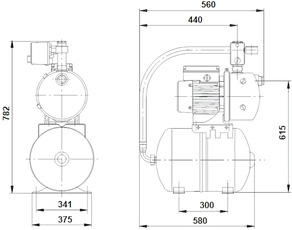Схема габаритов насосной установки Grundfos HYDROJET JP 5 50 л Схема габаритов насосной установки Grundfos HYDROJET JP 5 50 л