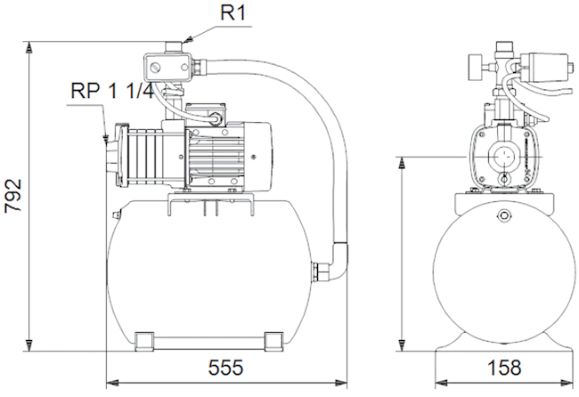 Схема габаритов насосной установки Grundfos CMB 5-37 (бак 60 литров) Схема габаритов насосной установки Grundfos CMB 5-37 (бак 60 литров)