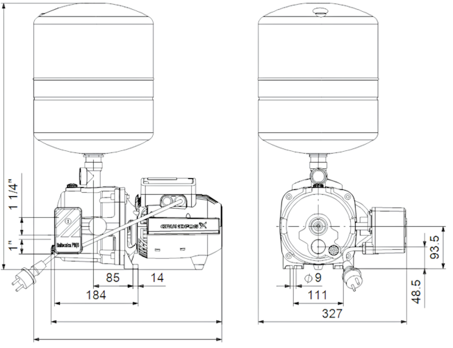 Схема габаритов насосной установки Grundfos JPD 4-47 PT-V Схема габаритов насосной установки Grundfos JPD 4-47 PT-V