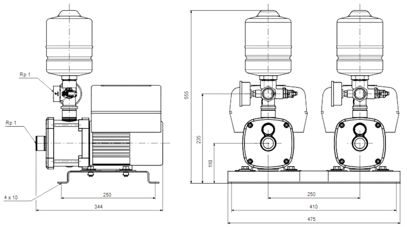 Схема габаритов насосной установки Grundfos CMBE TWIN 3-62 с клеммной колодкой Схема габаритов насосной установки Grundfos CMBE TWIN 3-62 с клеммной колодкой
