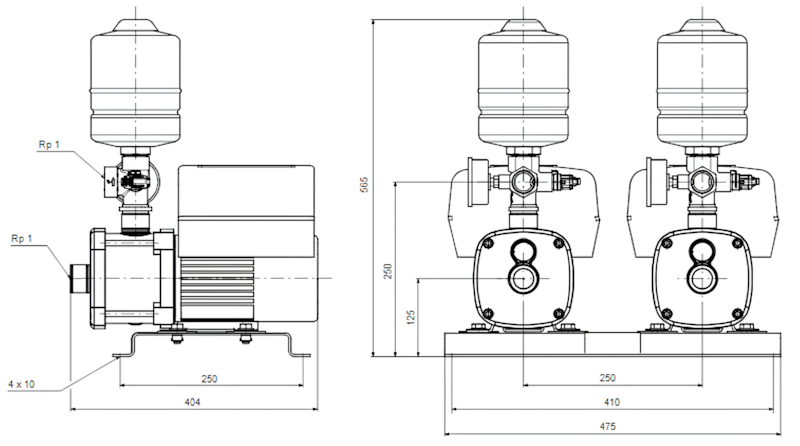 Схема габаритов насосной установки Grundfos CMBE TWIN 3-93 с клеммной колодкой Схема габаритов насосной установки Grundfos CMBE TWIN 3-93 с клеммной колодкой