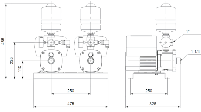 Схема габаритов насосной установки Grundfos CMBE TWIN 5-31 с клеммной колодкой Схема габаритов насосной установки Grundfos CMBE TWIN 5-31 с клеммной колодкой