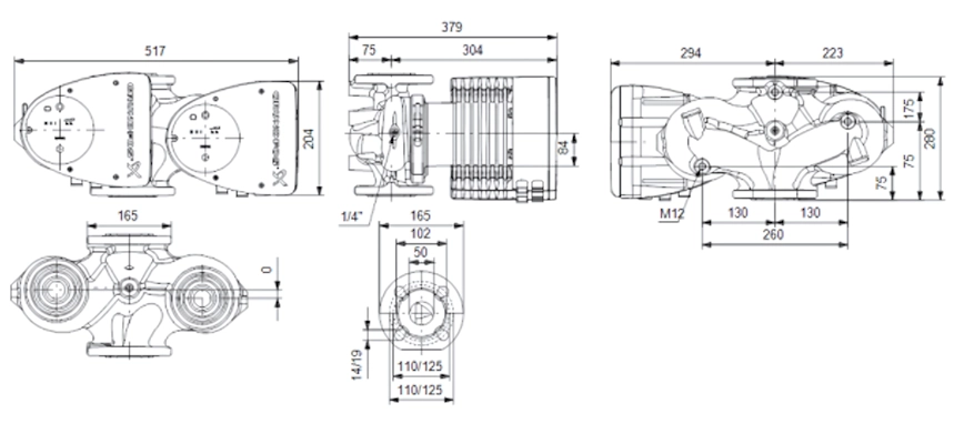 Габаритные размеры циркуляционного насоса Грундфос MAGNA1 D 50-150 F 280 Габаритные размеры циркуляционного насоса Грундфос MAGNA1 D 50-150 F 280