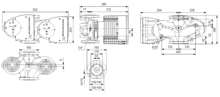 Габаритные размеры циркуляционного насоса Грундфос MAGNA1 D 65-150 F 340 Габаритные размеры циркуляционного насоса Грундфос MAGNA1 D 65-150 F 340